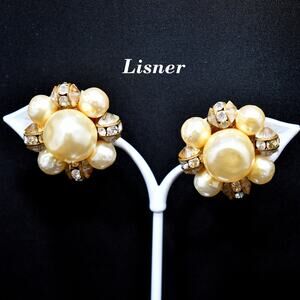 Vintage Lisner Clip On Earrings, Champagne Faux Pearl Rhinestone, 1950s Jewelry